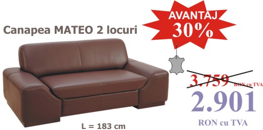 Canapea piele Mateo: 2 locuri L=183 cm